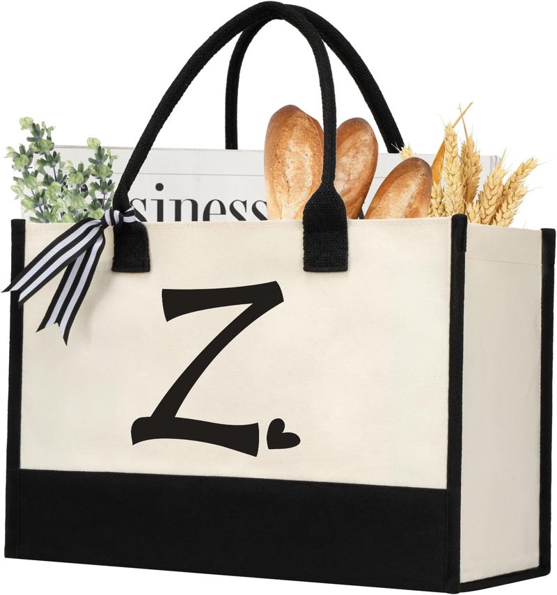 shenee Initial Canvas Tote Bag, Personalized Beach Jute Bag Present for Women Holiday,Friends Birthday Gift,Wedding, New Year - Image 1